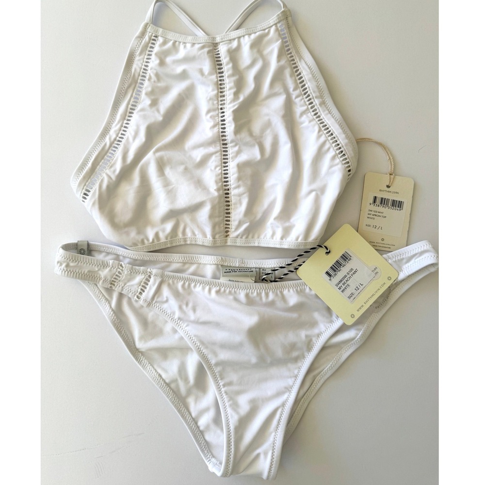 NWT Rhythm White High Neck Halter Hipster Cutout Bottom Size Large Coastal Boho - Picture 6 of 16